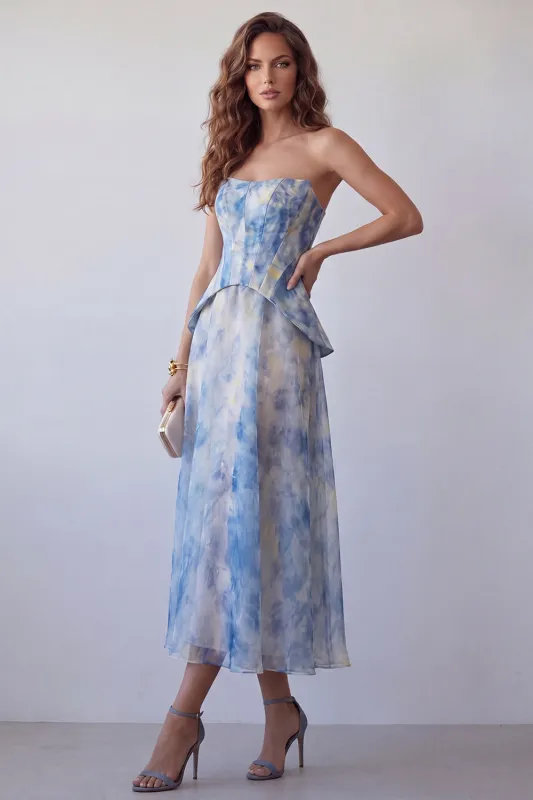 A-Line Dusty Blue Chiffon Strapless Floral Midi Formal Dress made by Zapaka
