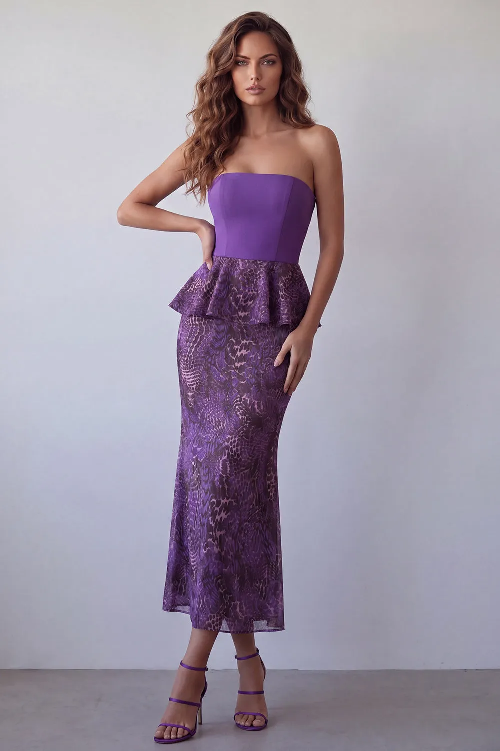 Purple Mermaid Chiffon Strapless Ruffled Midi Formal Dress sold by Zapaka