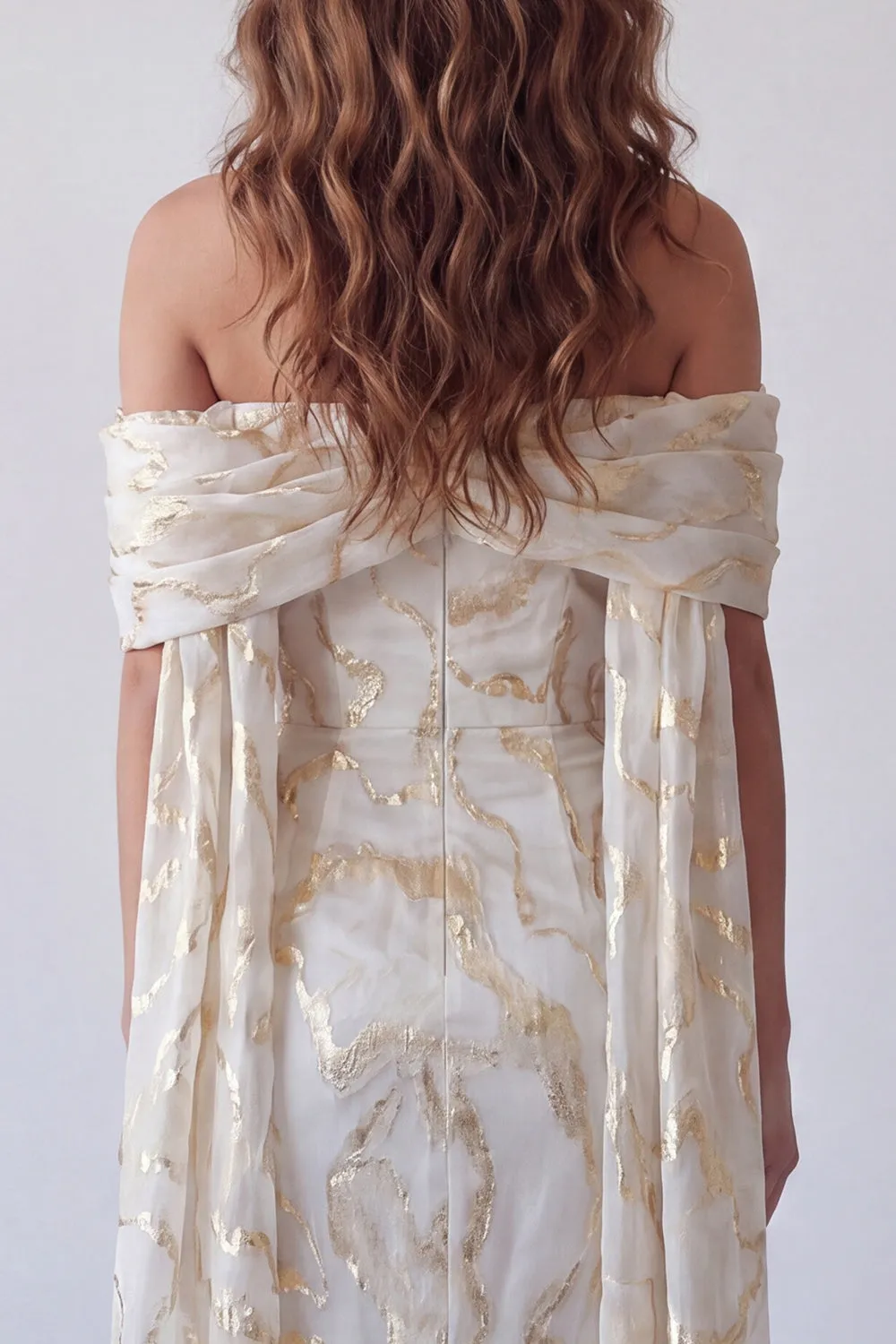 Off the Shoulder Champagne Bodycon Printed Midi Formal Dress with Cape sold by Zapaka product image thumbnail 4