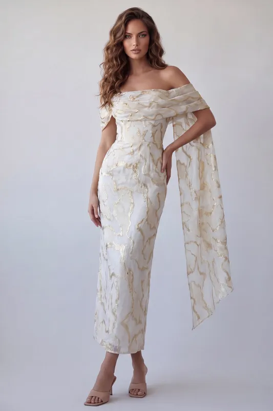 Off the Shoulder Champagne Bodycon Printed Midi Formal Dress with Cape made by Zapaka