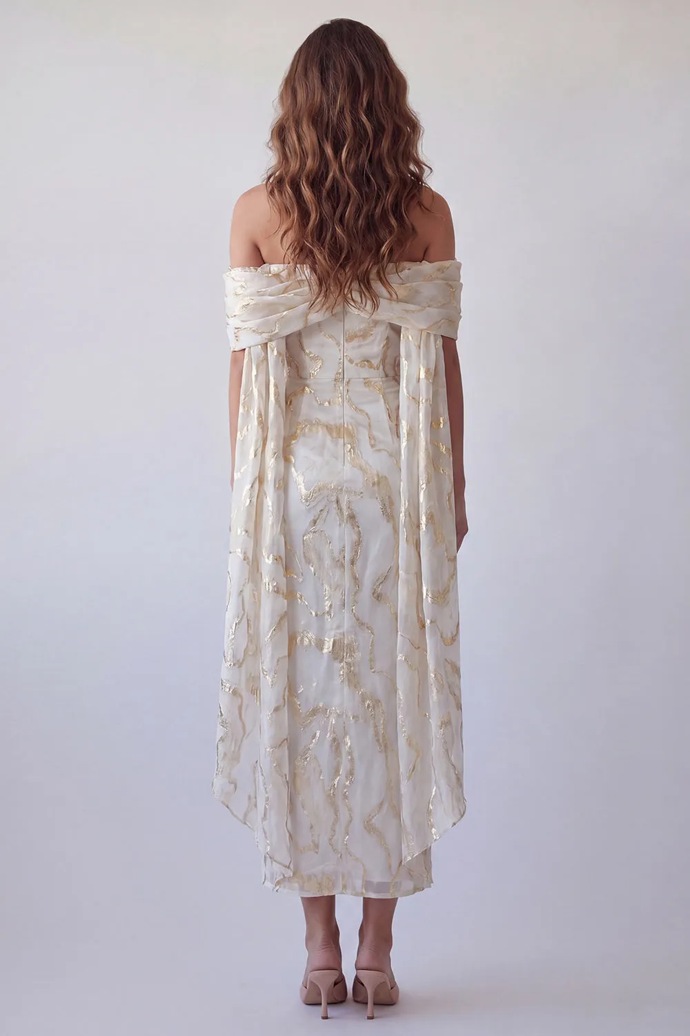 Off the Shoulder Champagne Bodycon Printed Midi Formal Dress with Cape sold by Zapaka product image thumbnail 2