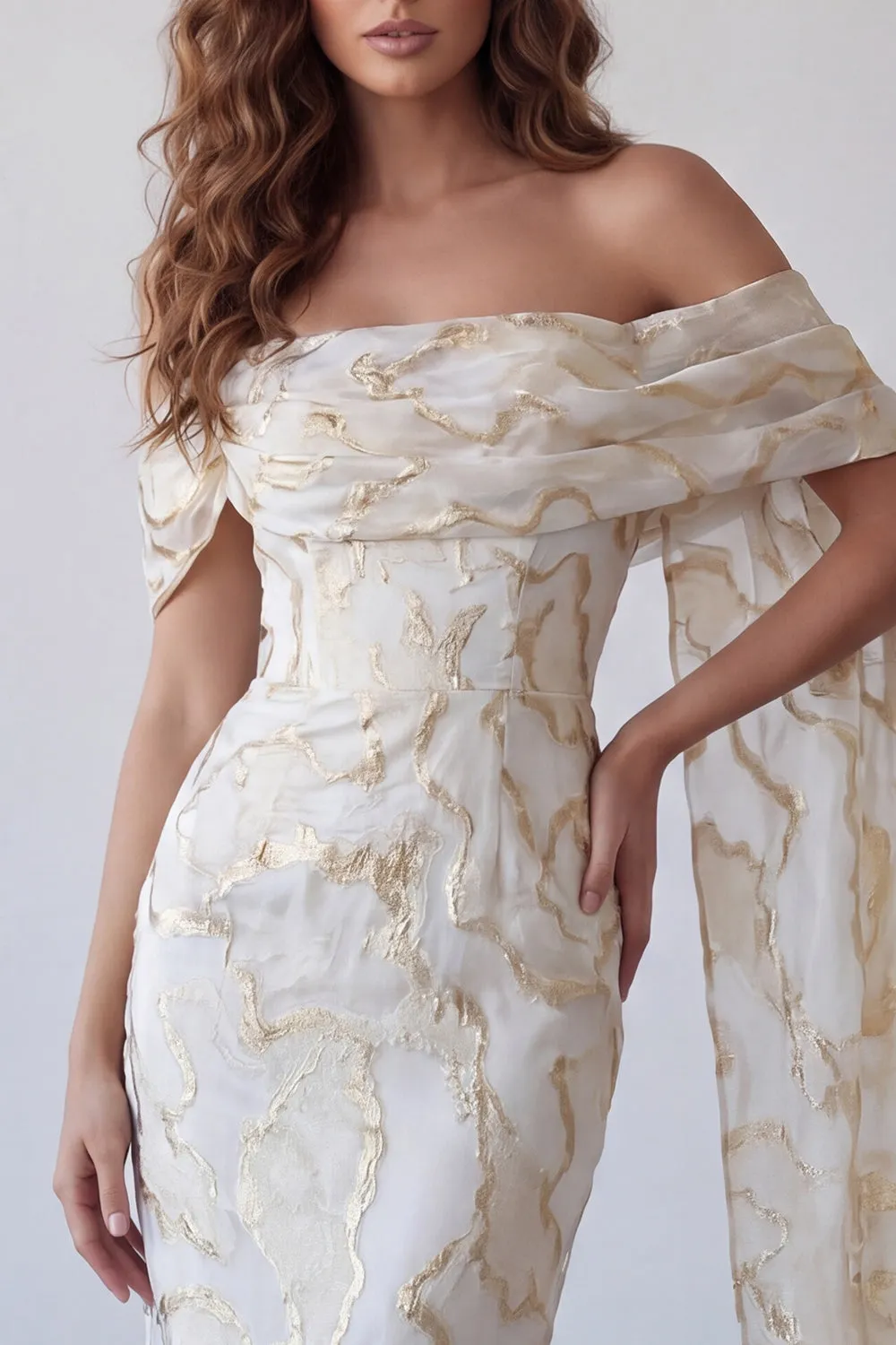 Off the Shoulder Champagne Bodycon Printed Midi Formal Dress with Cape sold by Zapaka product image thumbnail 3