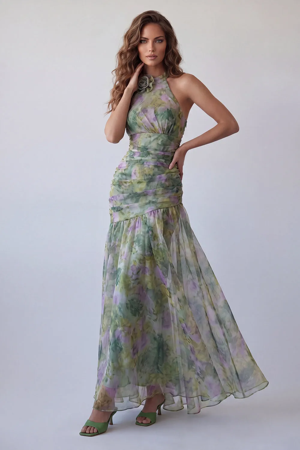 Dusty Sage Chiffon A-Line Ruched Floral Halter Neck Long Formal Dress sold by Zapaka