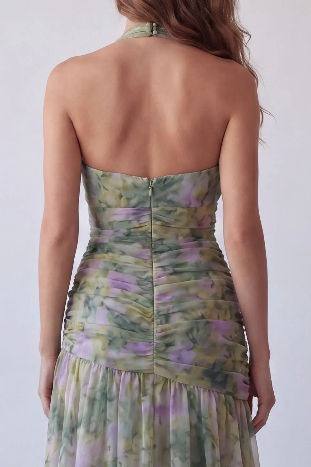 Dusty Sage Chiffon A-Line Ruched Floral Halter Neck Long Formal Dress sold by Zapaka product image thumbnail 3