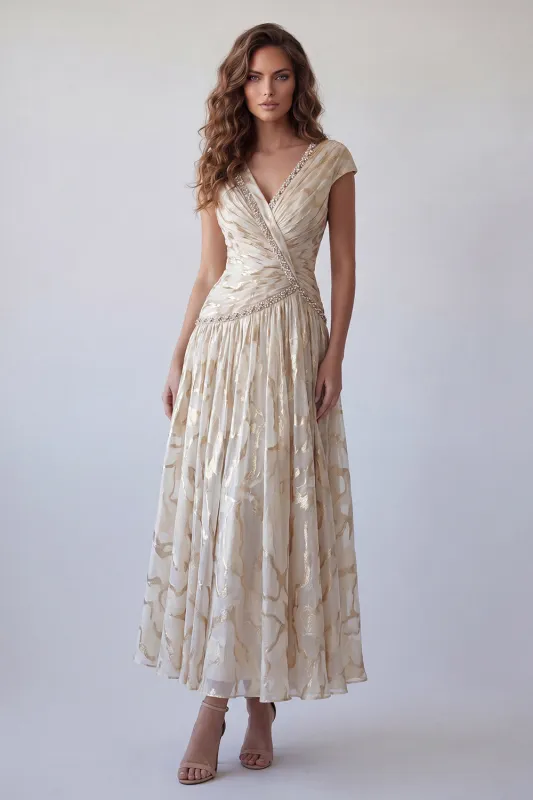 Champagne A-Line Ruched V-Neck Printed Beaded Formal Dress with Cap Sleeves made by Zapaka