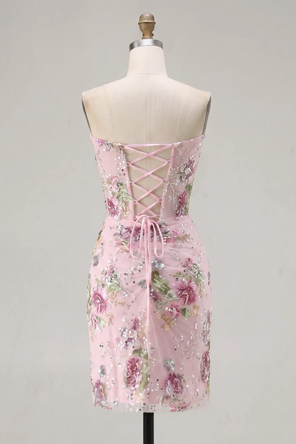Pink Sweetheart Sheer Corset Bodycon Sequins Floral Homecoming Dress sold by Zapaka product image thumbnail 2