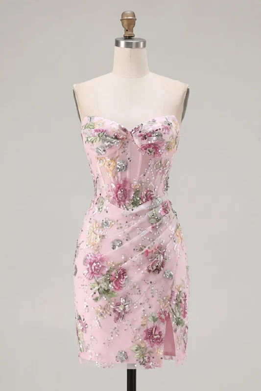 Pink Sweetheart Sheer Corset Bodycon Sequins Floral Homecoming Dress made by Zapaka