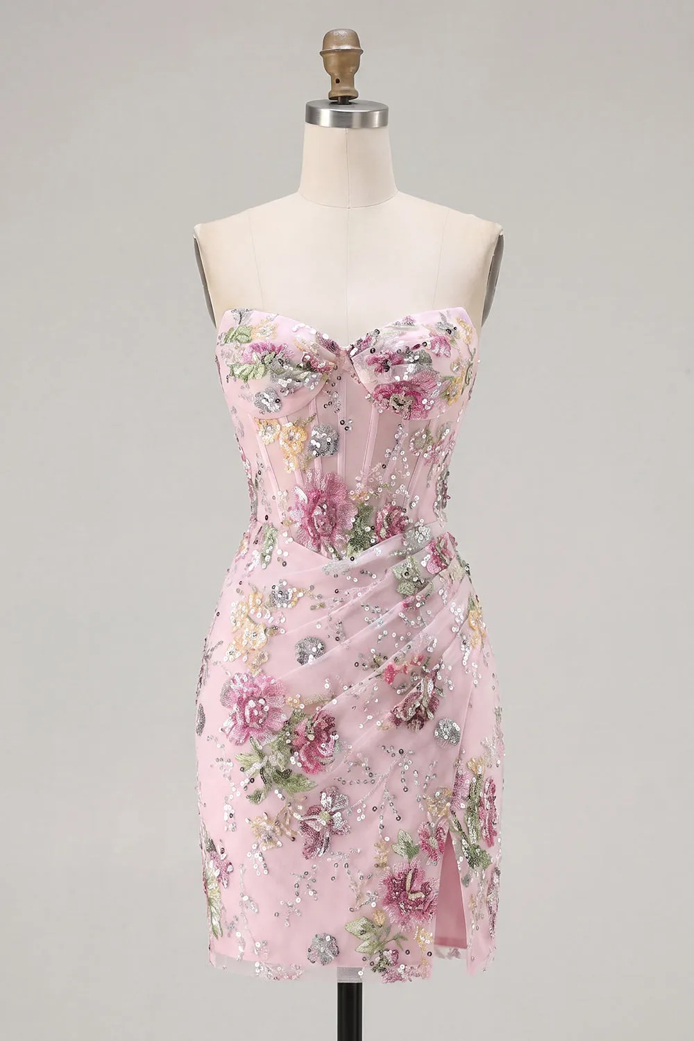 Pink Sweetheart Sheer Corset Bodycon Sequins Floral Homecoming Dress sold by Zapaka