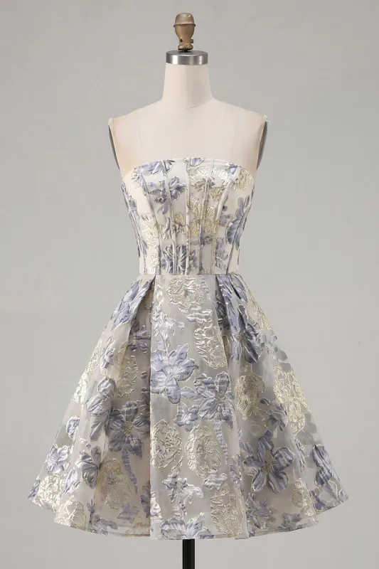 Dusty Blue A-Line Strapless Jacquard Corset Floral Homecoming Dress made by Zapaka