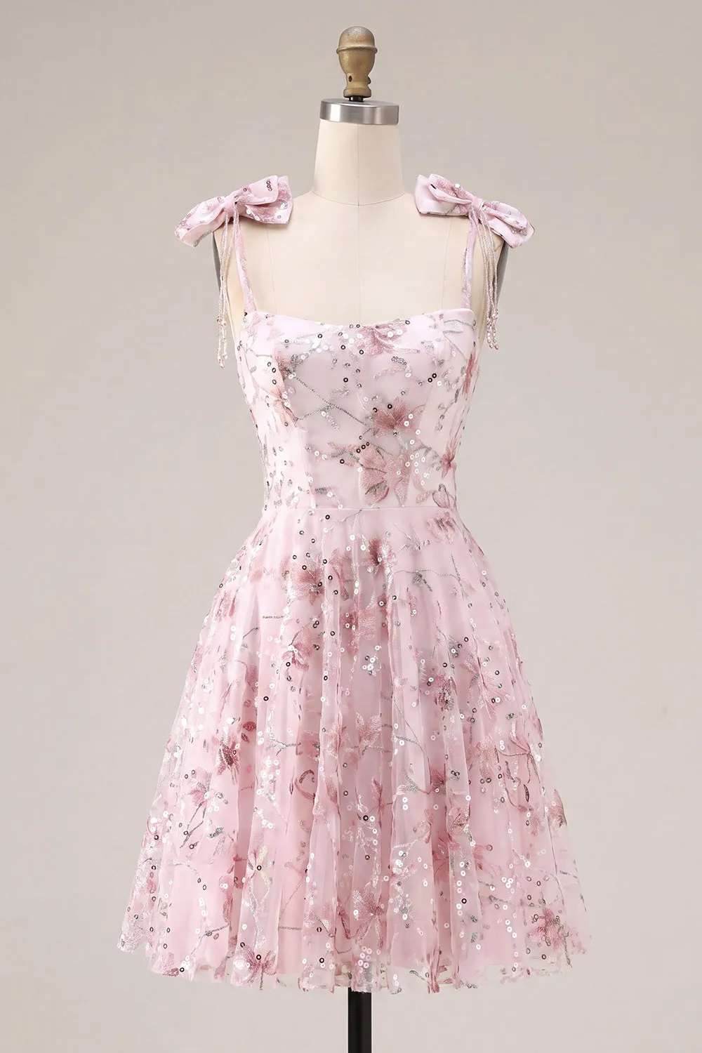 Sparkly Pink A-Line Floral Sequins Homecoming Dress with Bow sold by Zapaka
