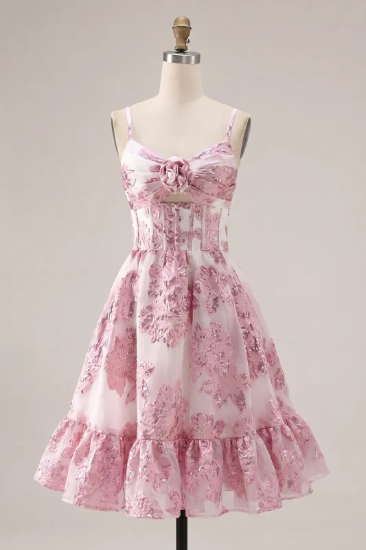 Pink A-Line Corset Ruffled Floral Short Homecoming Dress made by Zapaka