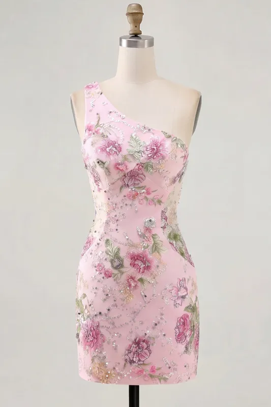 Pink One Shoulder Bodycon Sequins Floral Homecoming Dress made by Zapaka