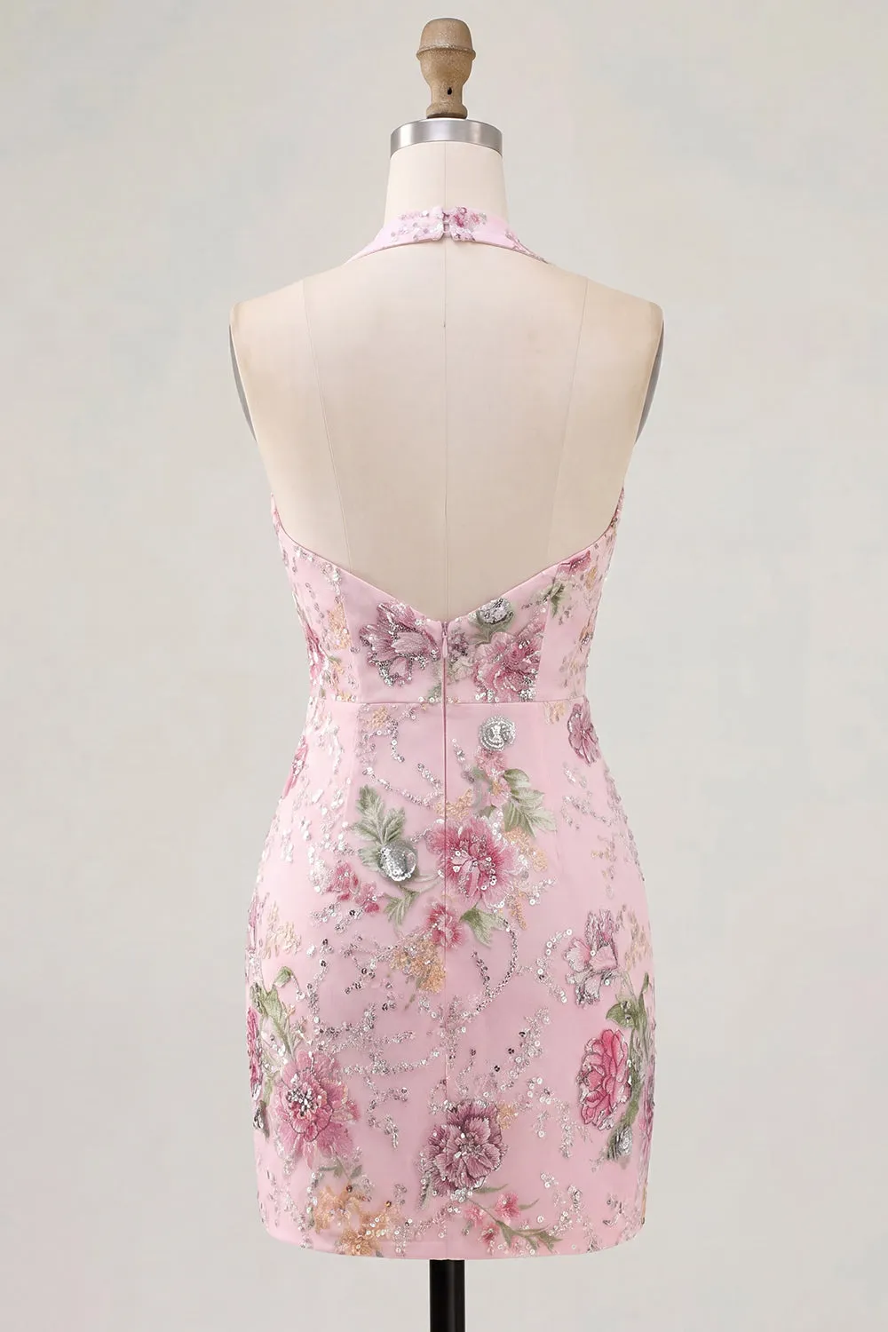 Pink Halter Neck Bodycon Sequins Floral Homecoming Dress sold by Zapaka product image thumbnail 2