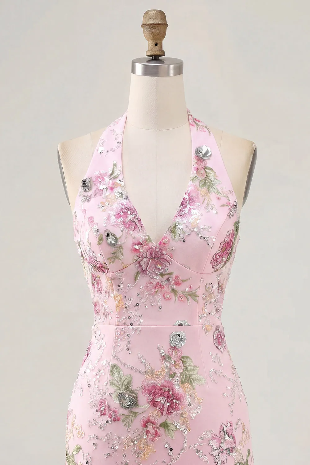Pink Halter Neck Bodycon Sequins Floral Homecoming Dress sold by Zapaka product image thumbnail 5