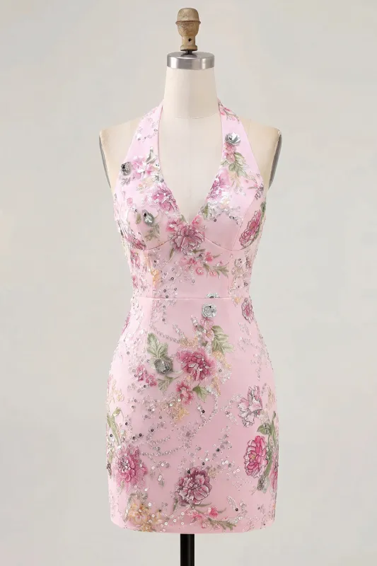 Pink Halter Neck Bodycon Sequins Floral Homecoming Dress made by Zapaka