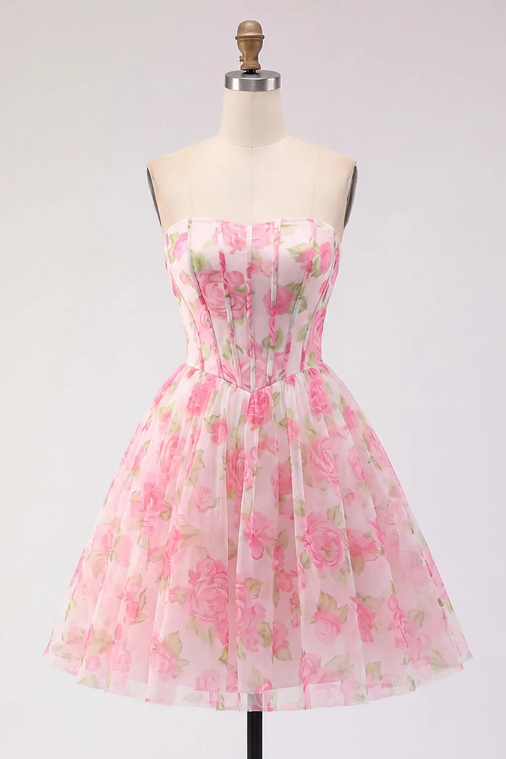 Pink A-Line Strapless Corset Floral Homecoming Dress sold by Zapaka
