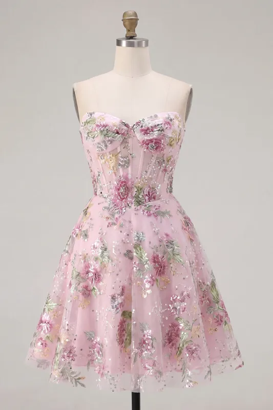 Pink Sweetheart A-Line Corset Sequins Floral Homecoming Dress made by Zapaka
