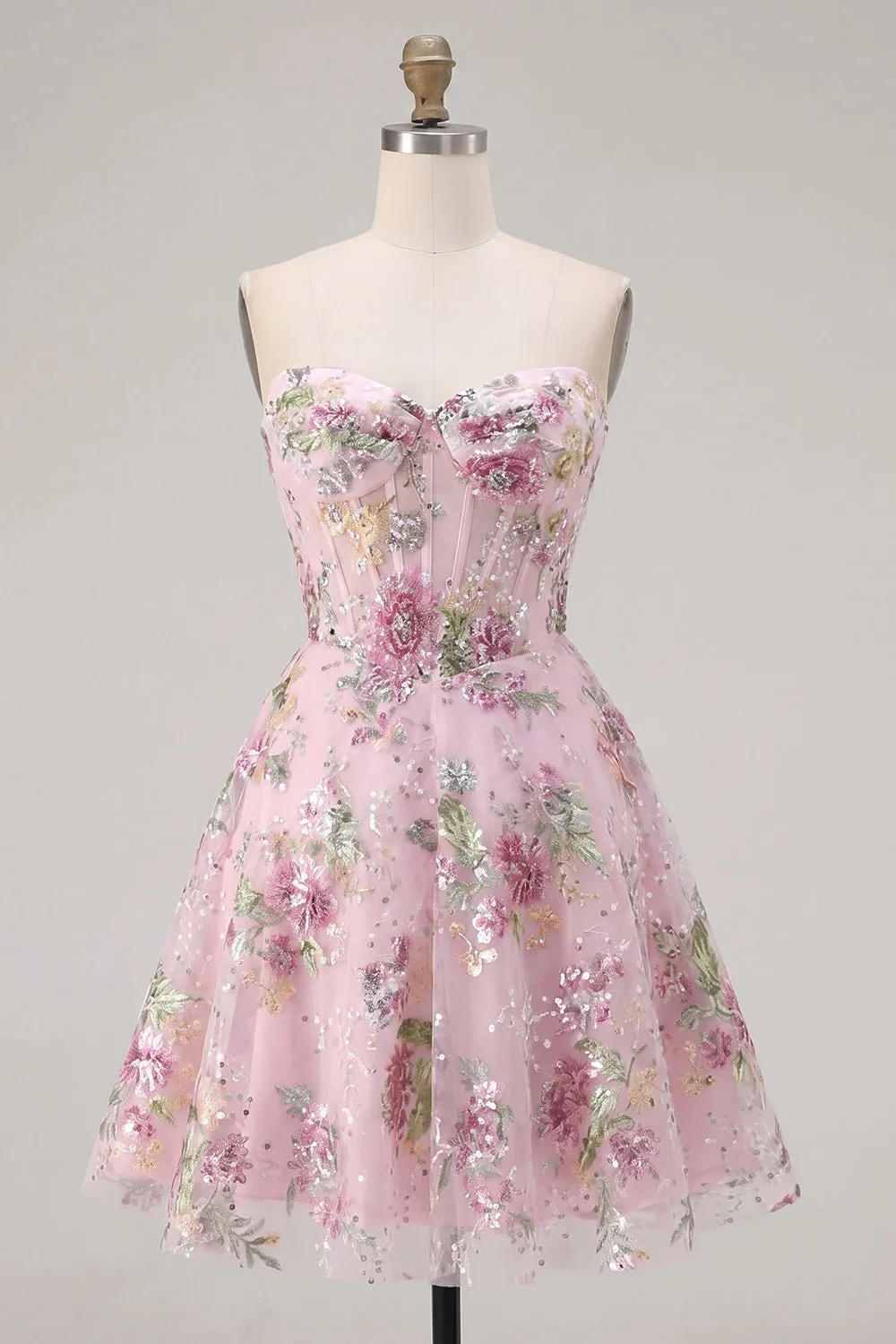 Pink Sweetheart A-Line Corset Sequins Floral Homecoming Dress sold by Zapaka