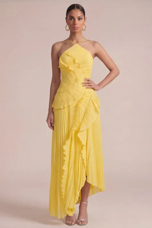 Yellow Halter Neck Pleated A-Line Asymmetrical Long Formal Dress with Ruffles made by Zapaka