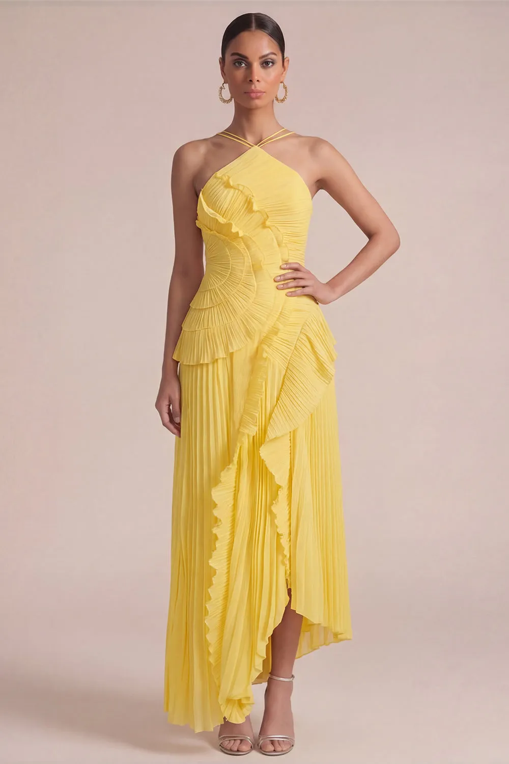 Yellow Halter Neck Pleated A-Line Asymmetrical Long Formal Dress with Ruffles sold by Zapaka