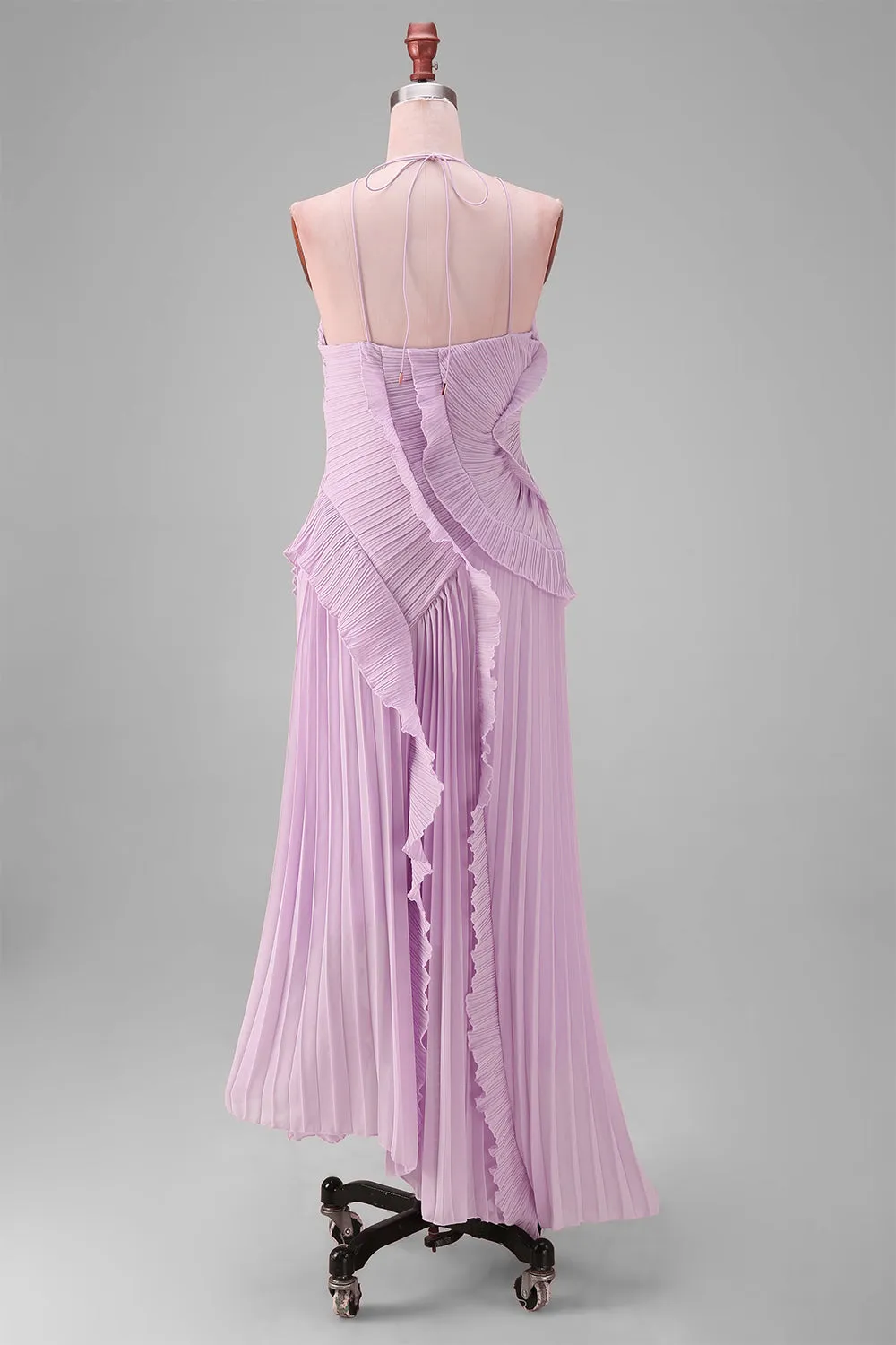 Yellow Halter Neck Pleated A-Line Asymmetrical Long Formal Dress with Ruffles sold by Zapaka product image thumbnail 4