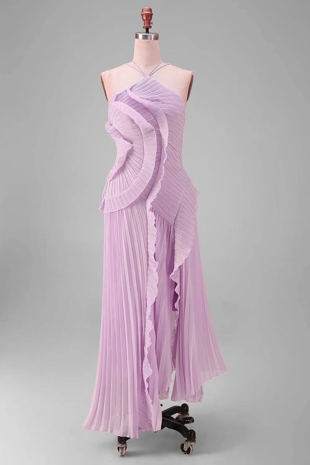 Yellow Halter Neck Pleated A-Line Asymmetrical Long Formal Dress with Ruffles sold by Zapaka product image thumbnail 3