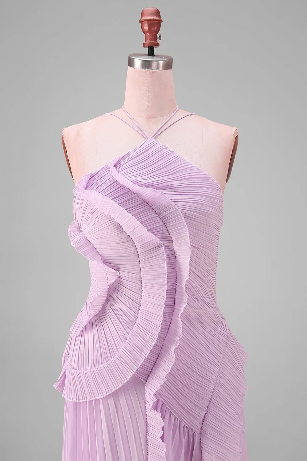 Yellow Halter Neck Pleated A-Line Asymmetrical Long Formal Dress with Ruffles sold by Zapaka product image thumbnail 5