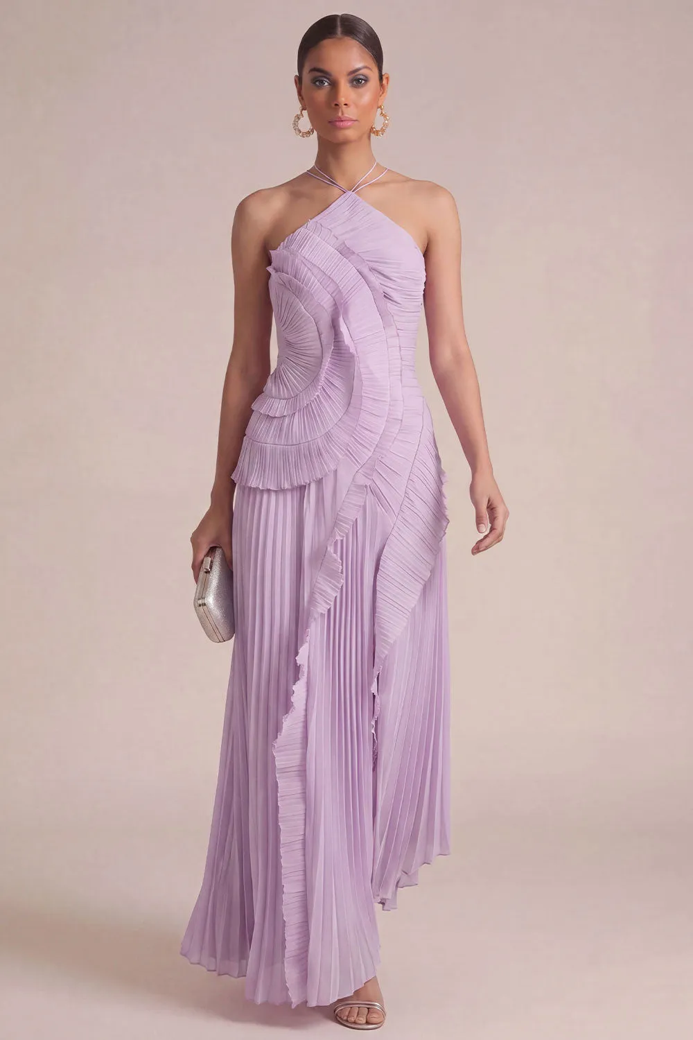 Yellow Halter Neck Pleated A-Line Asymmetrical Long Formal Dress with Ruffles sold by Zapaka product image thumbnail 2