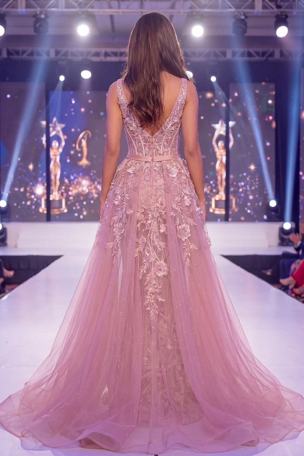 Mermaid Blush V-Neck Sheer Corset Floral Long Pageant Dress with Sash sold by Zapaka product image thumbnail 2