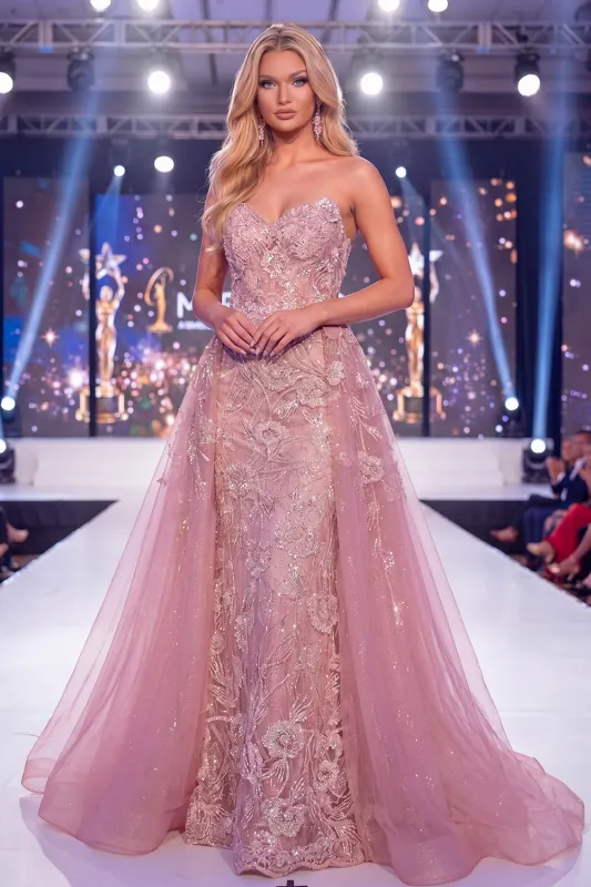 Mermaid Blush Sweetheart Corset Beaded Floral Long Pageant Dress with Sash made by Zapaka