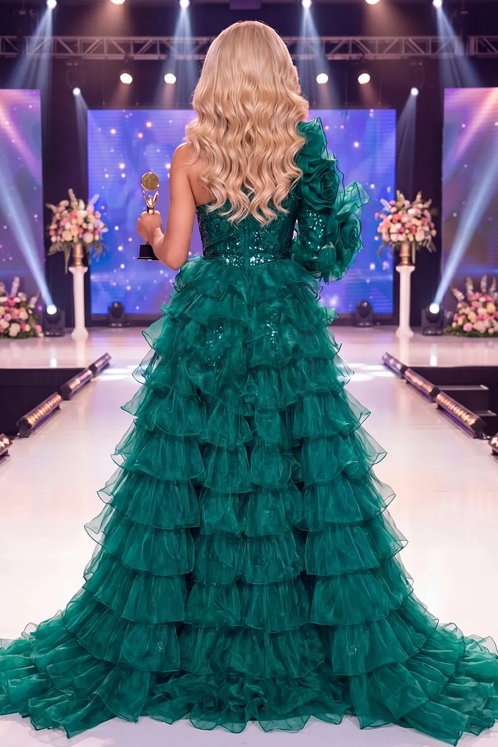 Sparkly Dark Green One Shoulder Sequins Pageant Dress with Sash sold by Zapaka product image thumbnail 2