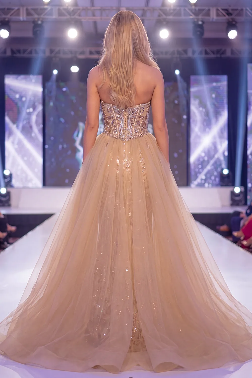 Sparkly Champagne Mermaid Sweetheart Sheer Corset Long Pageant Dress with Sash sold by Zapaka product image thumbnail 2