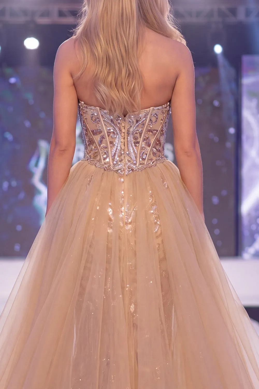 Sparkly Champagne Mermaid Sweetheart Sheer Corset Long Pageant Dress with Sash sold by Zapaka product image thumbnail 4