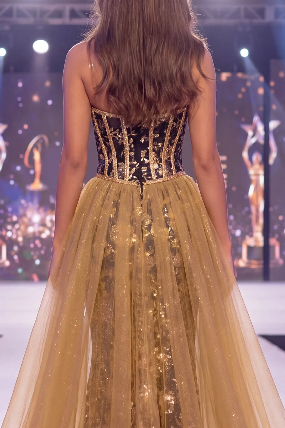 Sparkly Black Golden Mermaid Sequins Sweetheart Corset Long Pageant Dress with Sash sold by Zapaka product image thumbnail 4