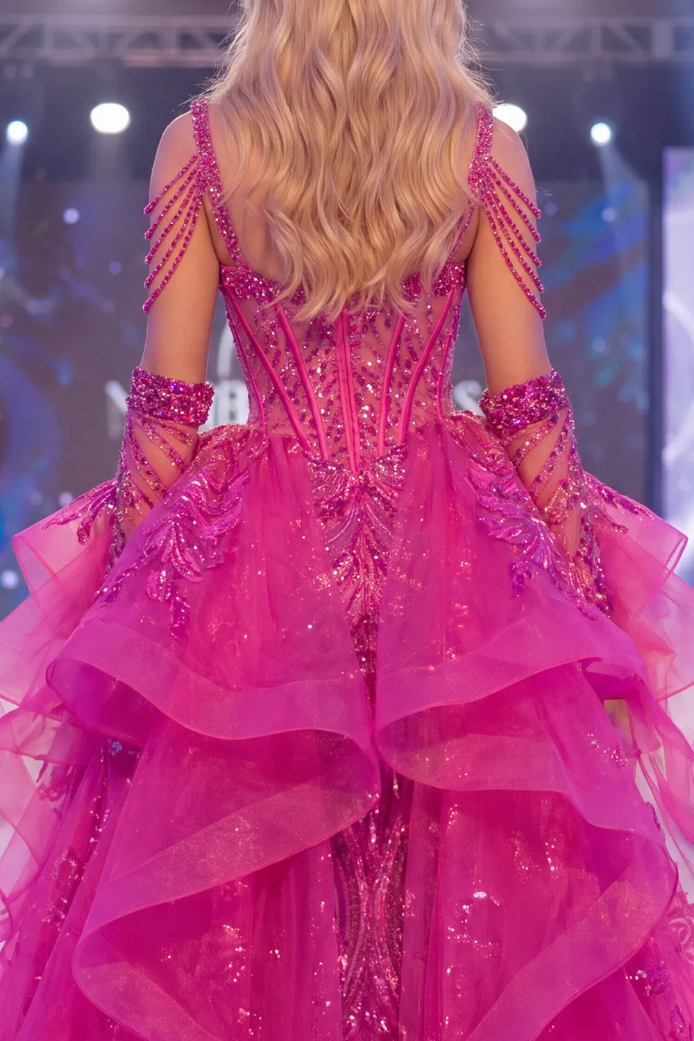 Sparkly Fuchsia Cold Shoulder Sheer Corset Mermaid Long Pageant Dress with Sash sold by Zapaka product image thumbnail 4