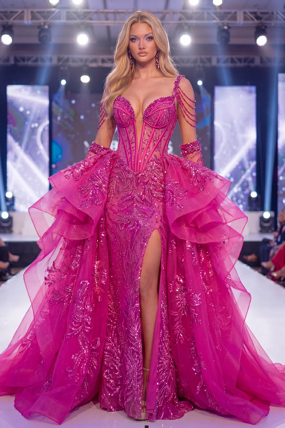 Sparkly Fuchsia Cold Shoulder Sheer Corset Mermaid Long Pageant Dress with Sash sold by Zapaka