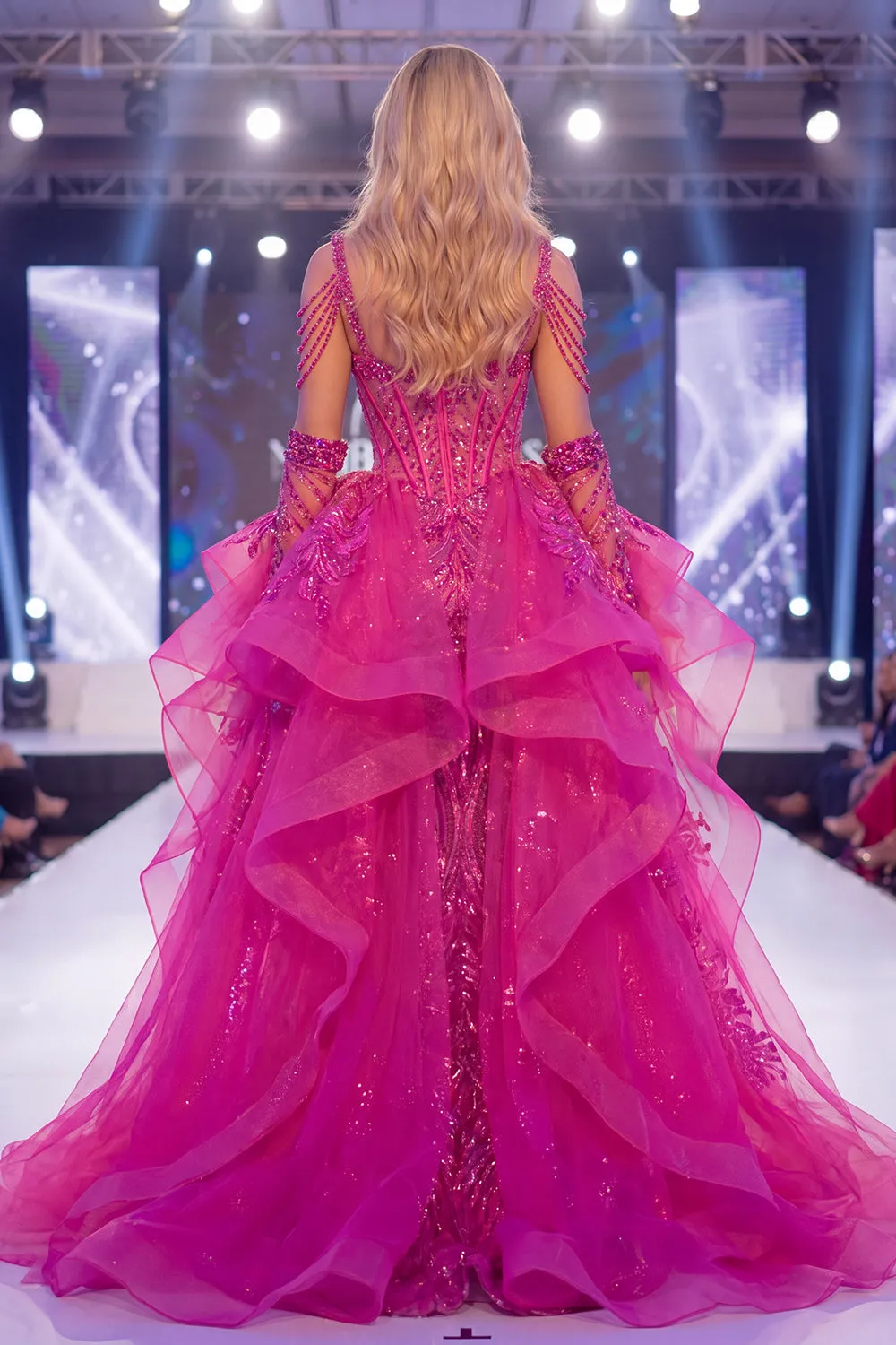 Sparkly Fuchsia Cold Shoulder Sheer Corset Mermaid Long Pageant Dress with Sash sold by Zapaka product image thumbnail 2