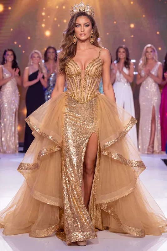 Sparkly Golden Sheer Corset Mermaid Sequins Long Pageant Dress with Slit made by Zapaka