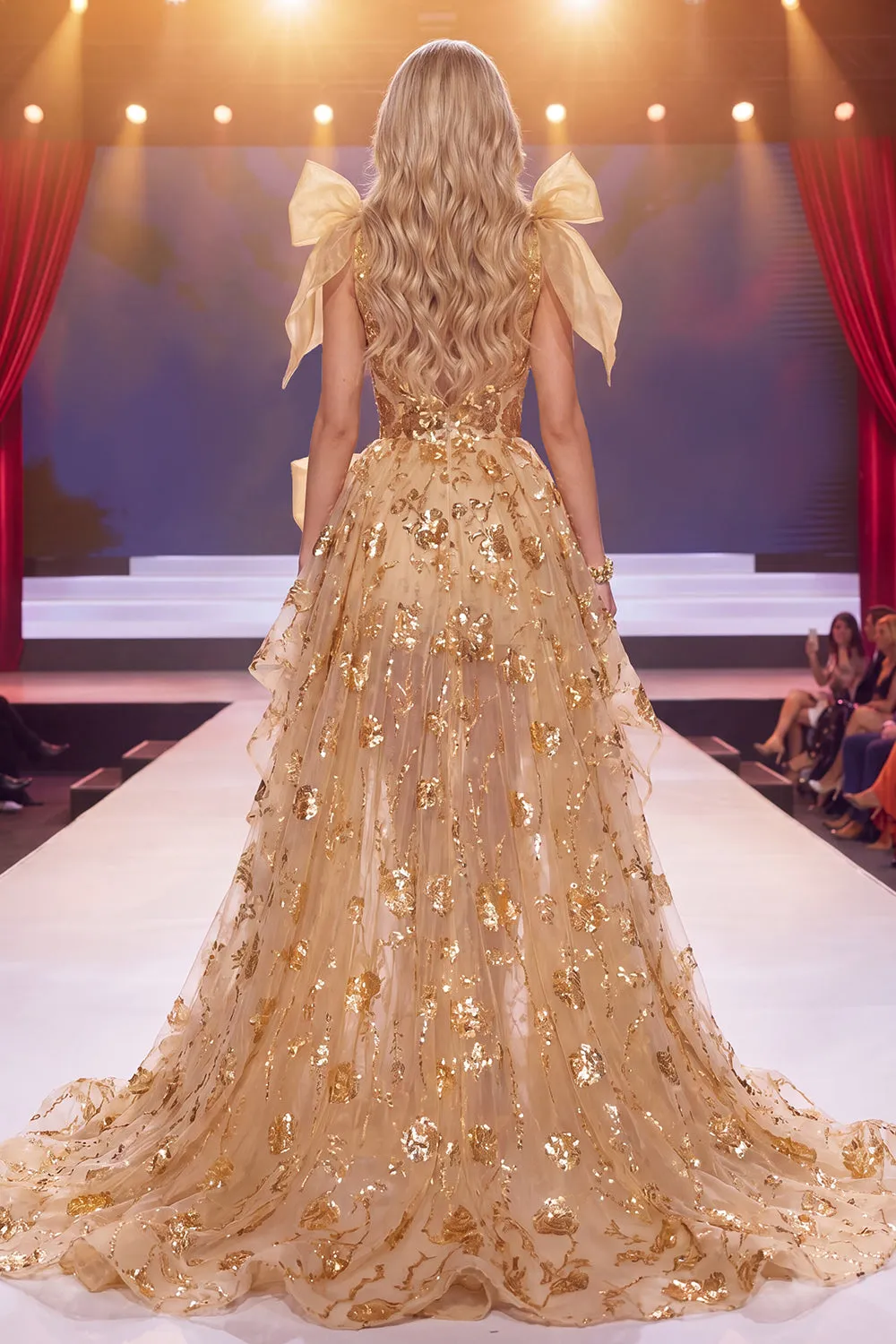 Sparkly Golden V-Neck Mermaid Sequins Slit Long Pageant Dress with Sash sold by Zapaka product image thumbnail 2