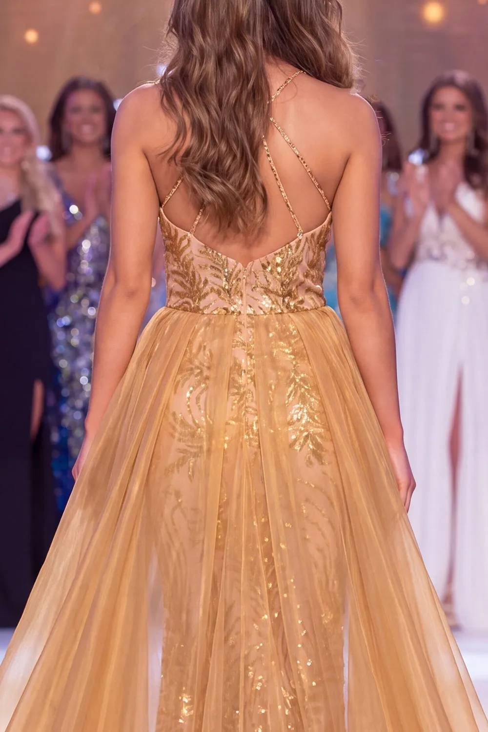 Sparkly Golden Halter Neck Mermaid Sequins Long Pageant Dress with Sash sold by Zapaka product image thumbnail 4