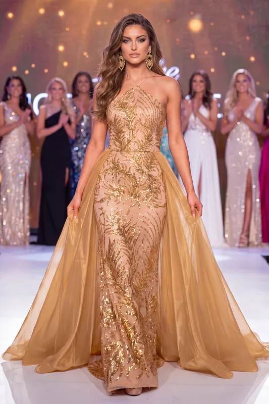 Sparkly Golden Halter Neck Mermaid Sequins Long Pageant Dress with Sash made by Zapaka