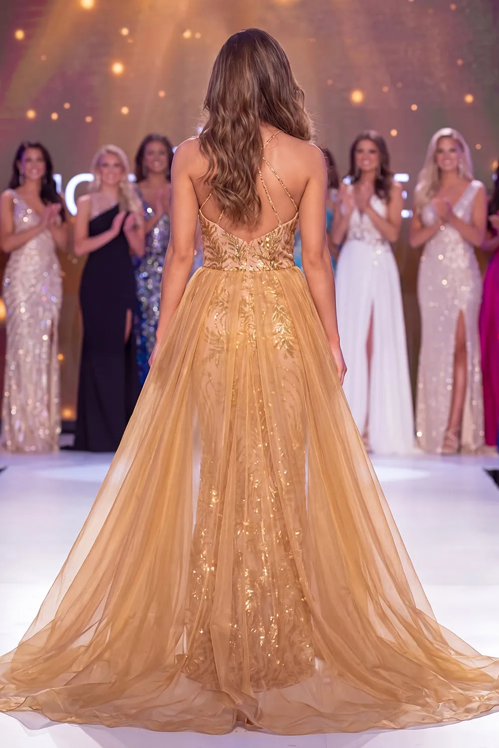 Sparkly Golden Halter Neck Mermaid Sequins Long Pageant Dress with Sash sold by Zapaka product image thumbnail 2