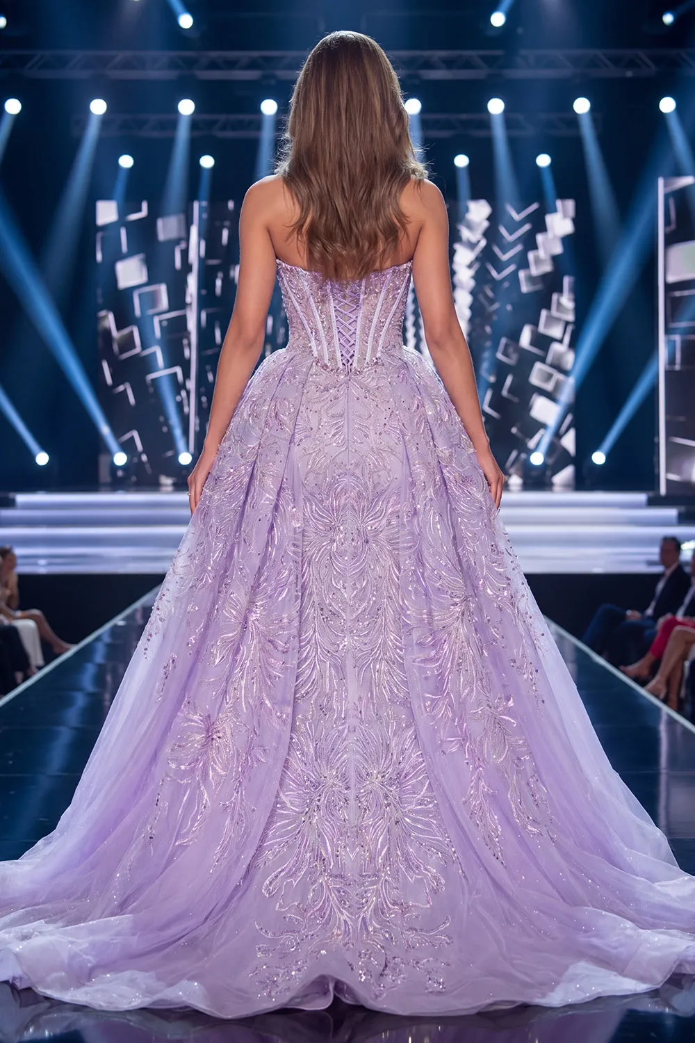 Lilac Sweetheart Corset Baeded Slit Long Pageant Dress with Sash sold by Zapaka product image thumbnail 2