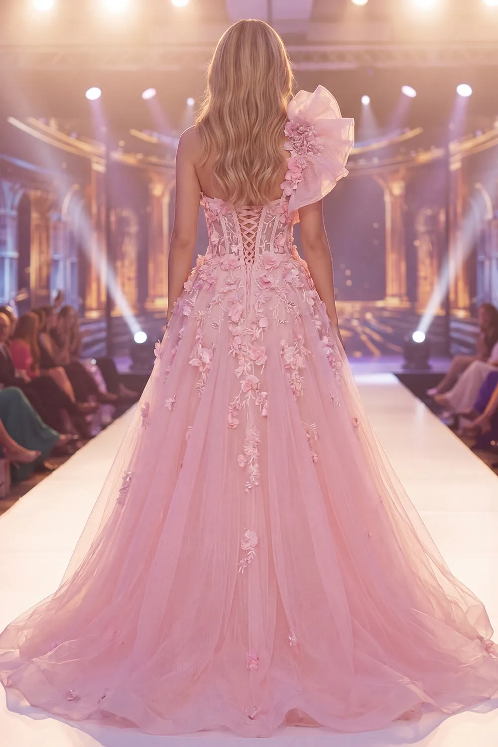 Pink Mermaid One Shoulder Sheer Corset Floral Long Pageant Dress with Slit sold by Zapaka product image thumbnail 2