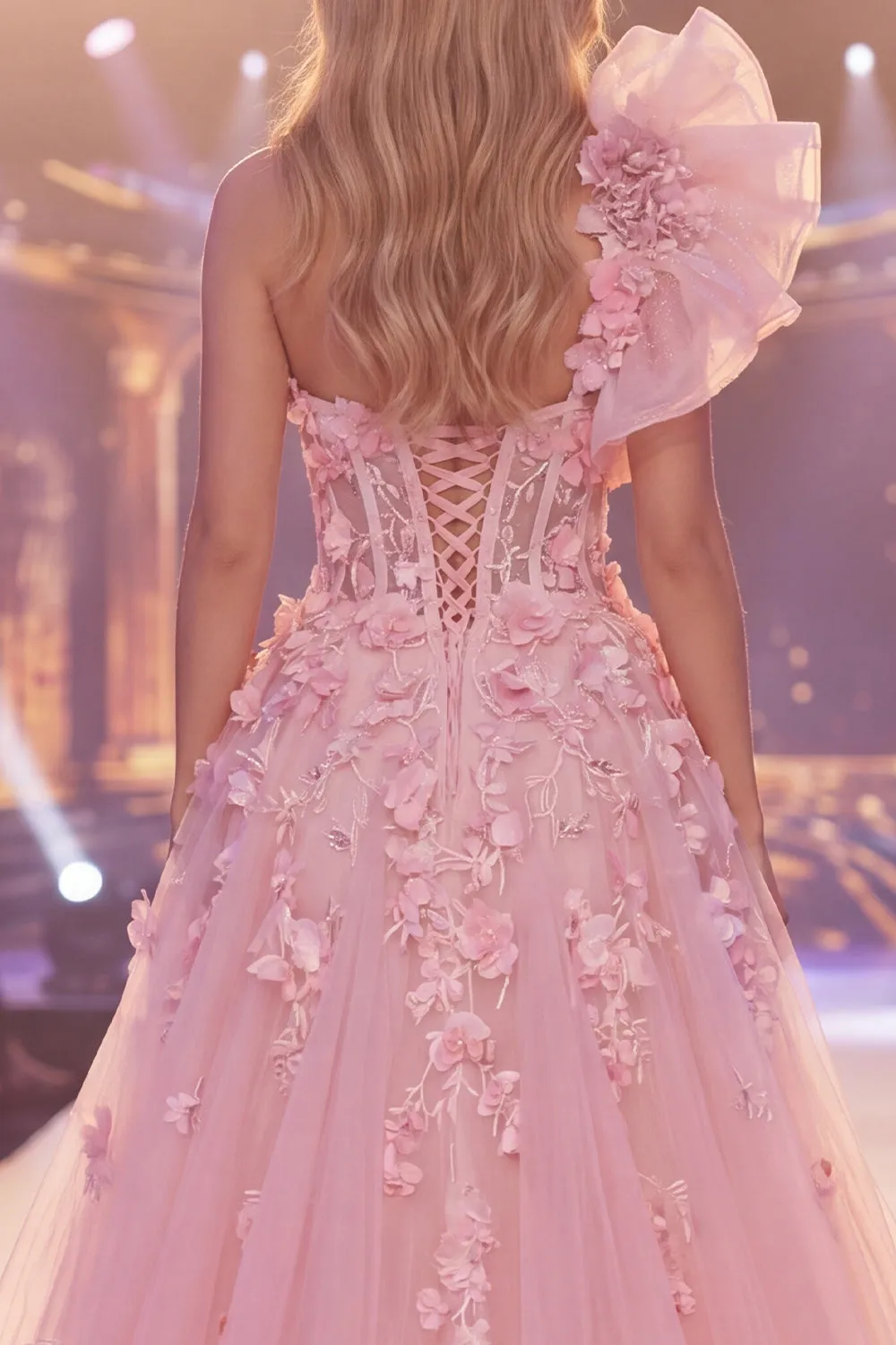 Pink Mermaid One Shoulder Sheer Corset Floral Long Pageant Dress with Slit sold by Zapaka product image thumbnail 4