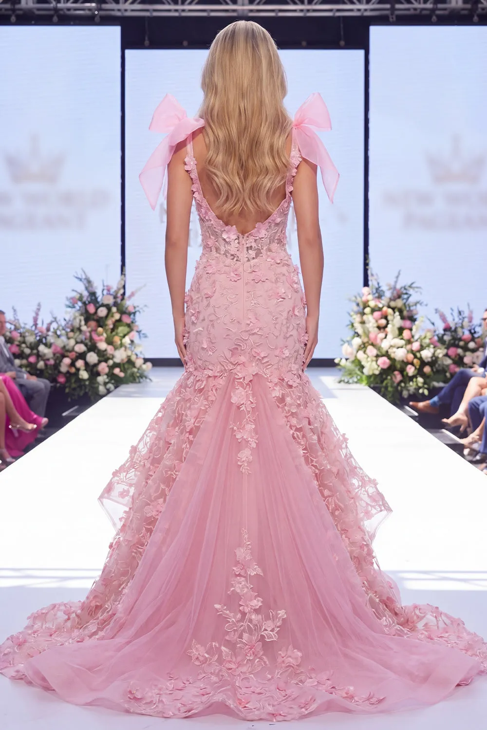 Pink Mermaid Organza Floral Bow Long Pageant Dress with Slit sold by Zapaka product image thumbnail 2
