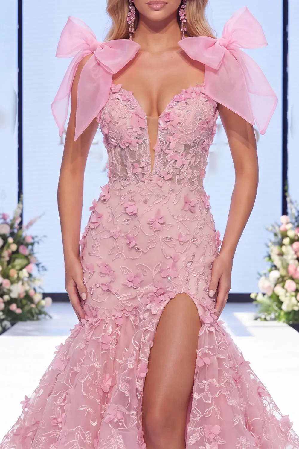 Pink Mermaid Organza Floral Bow Long Pageant Dress with Slit sold by Zapaka product image thumbnail 3