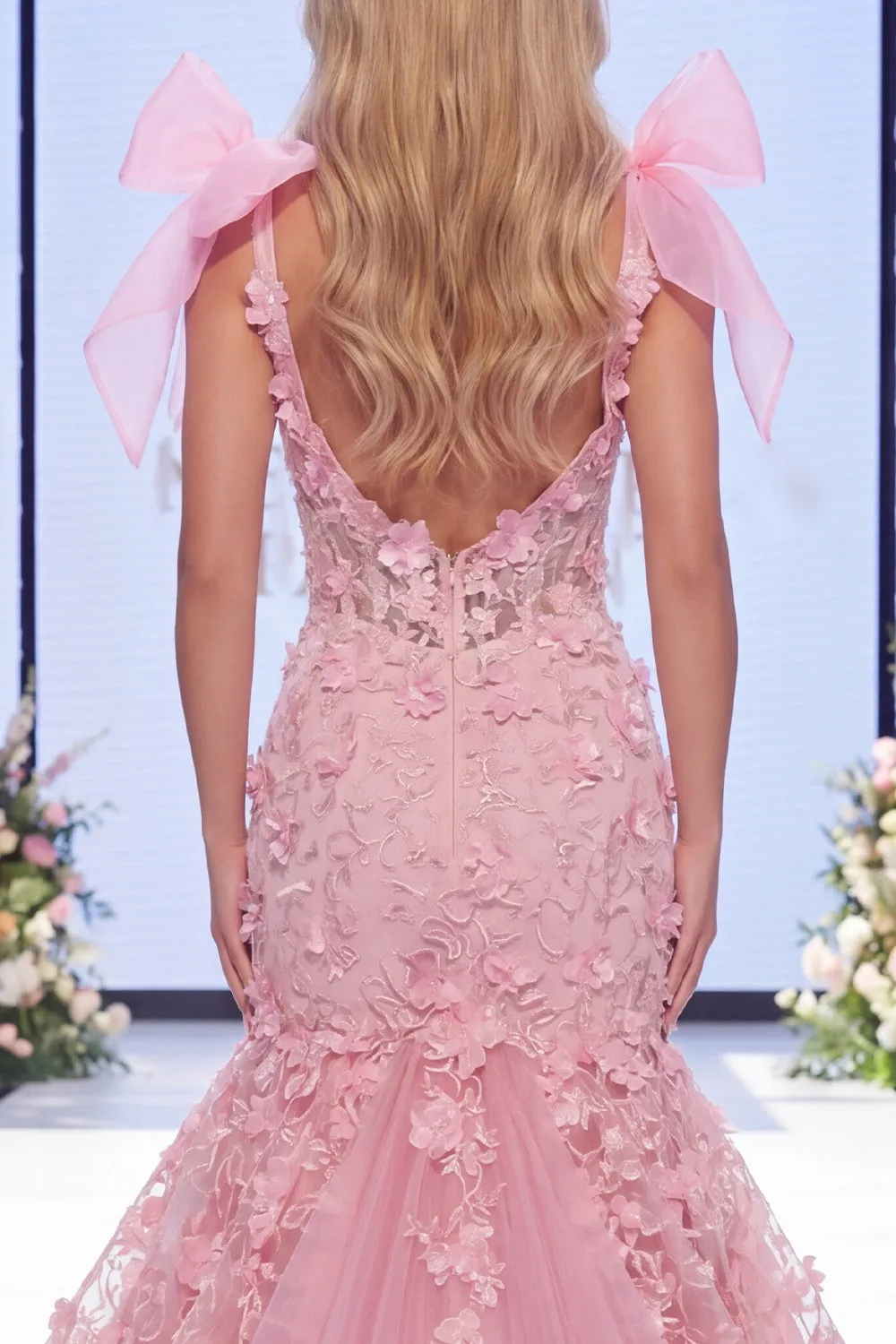 Pink Mermaid Organza Floral Bow Long Pageant Dress with Slit sold by Zapaka product image thumbnail 4