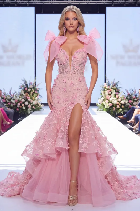 Pink Mermaid Organza Floral Bow Long Pageant Dress with Slit made by Zapaka