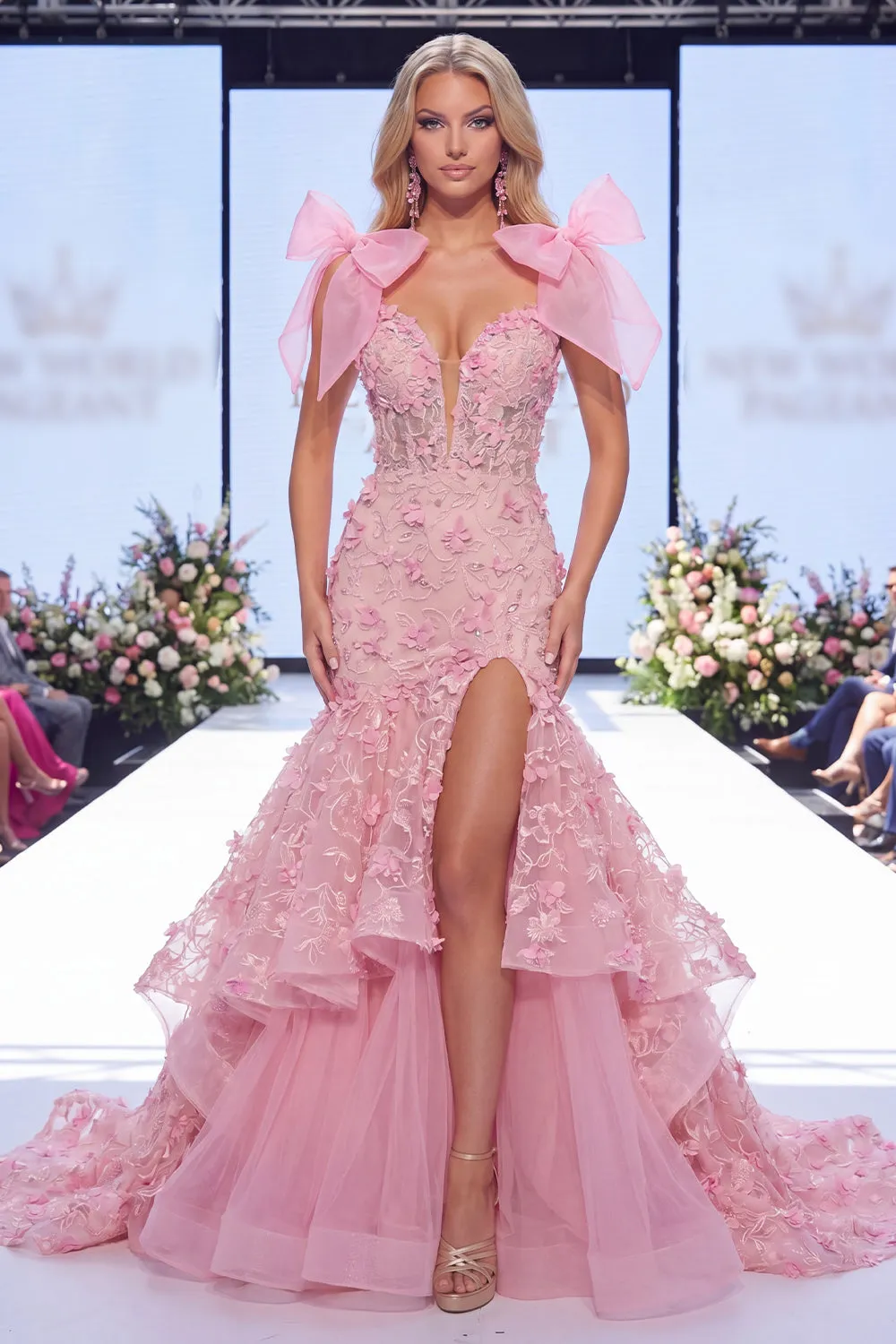 Pink Mermaid Organza Floral Bow Long Pageant Dress with Slit sold by Zapaka